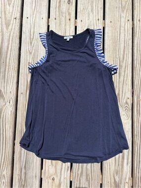 White Birch Women' Sz S Sleeveless Ruffle Top Navy with Stipe Boho Flowy Stretch